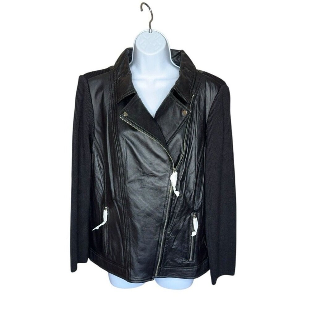 Leather Moto Jacket Zip Up Soft Black Knit Back Sleeves 18W Lined Casual Hip